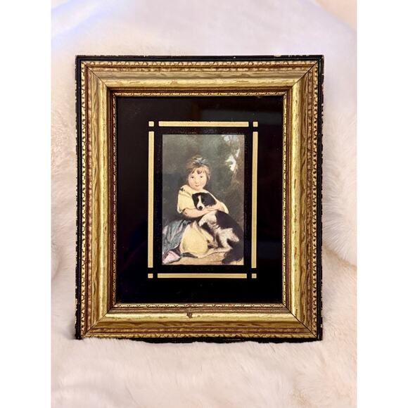 Antique Picture Young Girl With Blue Ribbon Sitting holding Dog Framed Print - Picture 1 of 11